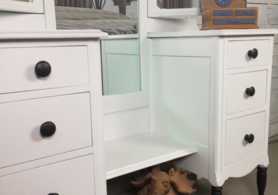 Furniture Re-Store: Custom painted vanity with upholstered chair.