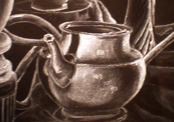 Still life drawing done in white charcoal.